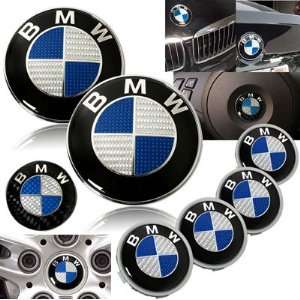 BMW blue carbon fibre wheel cap hood steering emblem set